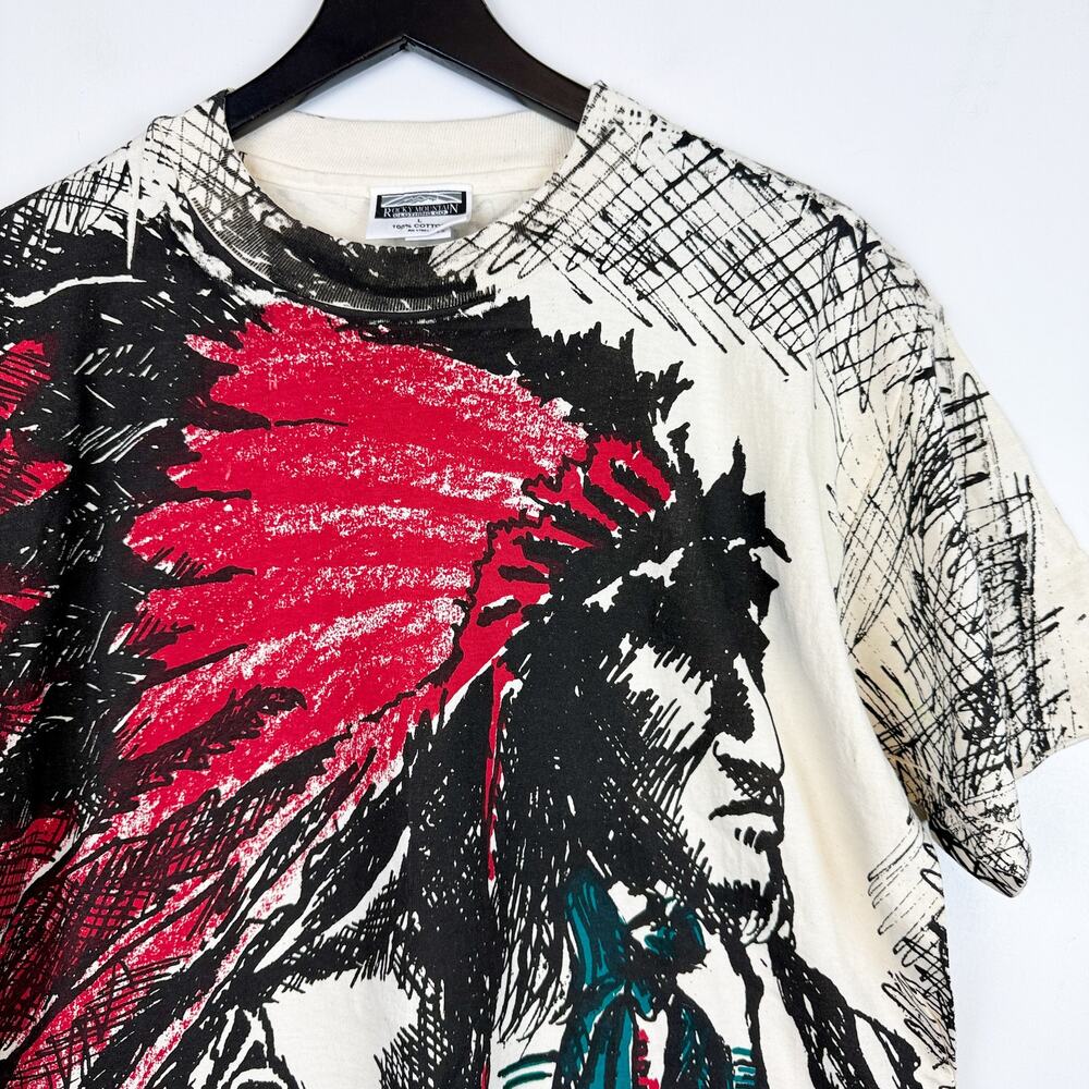 Vintage 1992 AOP Native Indian Single Stitch TShirt Rocky Mountain - Mens L - Picture 5 of 11